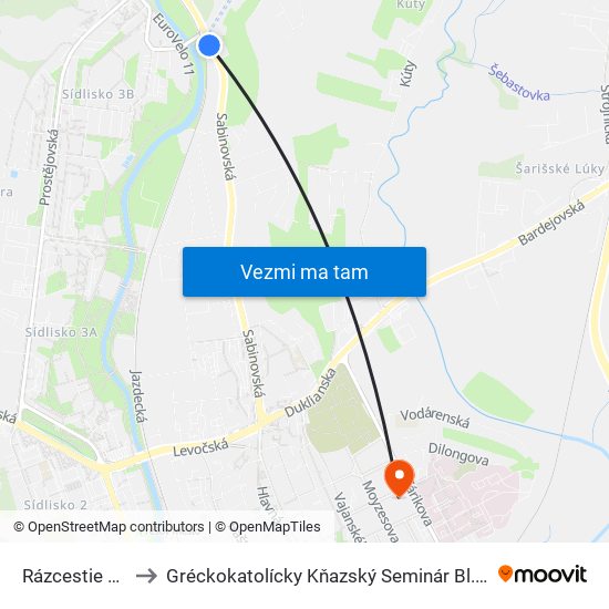 Rázcestie Šidlovec to Gréckokatolícky Kňazský Seminár Bl. Petra Pavla Gojdiča map