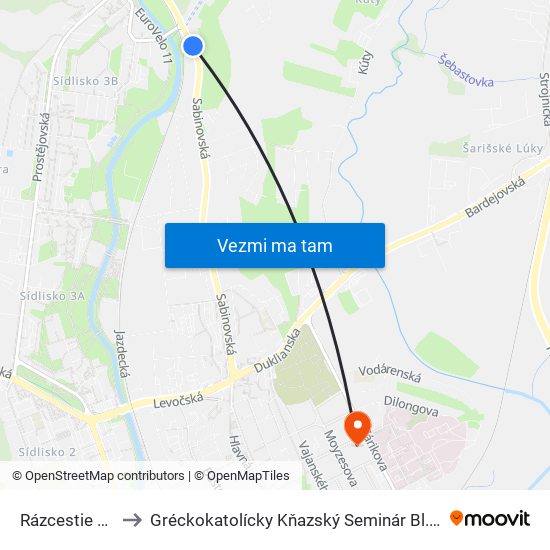 Rázcestie Šidlovec to Gréckokatolícky Kňazský Seminár Bl. Petra Pavla Gojdiča map