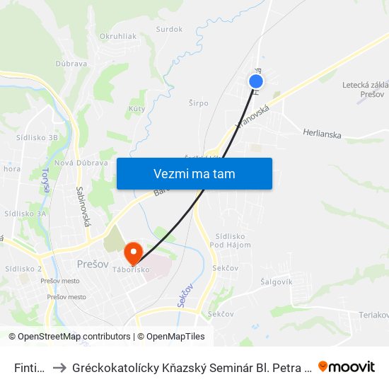 Fintická to Gréckokatolícky Kňazský Seminár Bl. Petra Pavla Gojdiča map