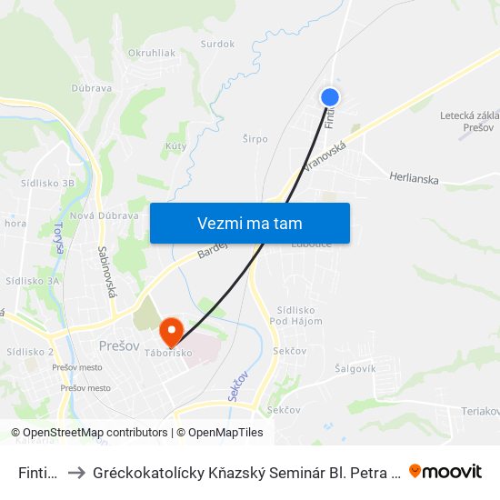 Fintická to Gréckokatolícky Kňazský Seminár Bl. Petra Pavla Gojdiča map