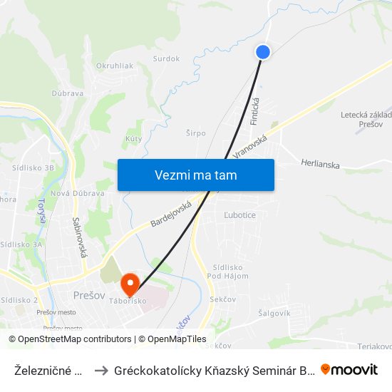 Železničné Priecestie to Gréckokatolícky Kňazský Seminár Bl. Petra Pavla Gojdiča map