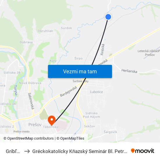 Gribľovec to Gréckokatolícky Kňazský Seminár Bl. Petra Pavla Gojdiča map