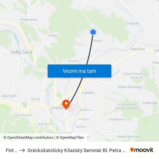 Fintice to Gréckokatolícky Kňazský Seminár Bl. Petra Pavla Gojdiča map