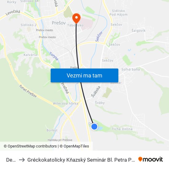 Delňa to Gréckokatolícky Kňazský Seminár Bl. Petra Pavla Gojdiča map