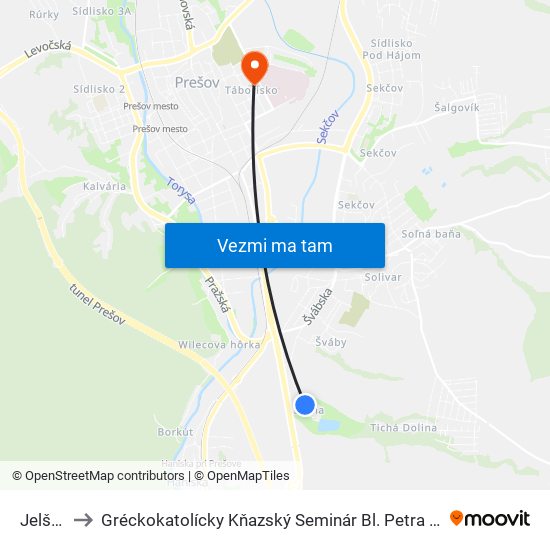 Jelšová to Gréckokatolícky Kňazský Seminár Bl. Petra Pavla Gojdiča map