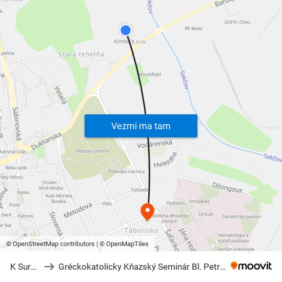 K Surdoku to Gréckokatolícky Kňazský Seminár Bl. Petra Pavla Gojdiča map