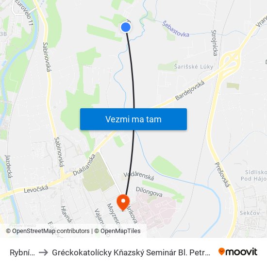 Rybníčky to Gréckokatolícky Kňazský Seminár Bl. Petra Pavla Gojdiča map