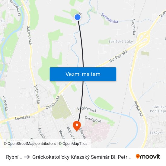 Rybníčky to Gréckokatolícky Kňazský Seminár Bl. Petra Pavla Gojdiča map