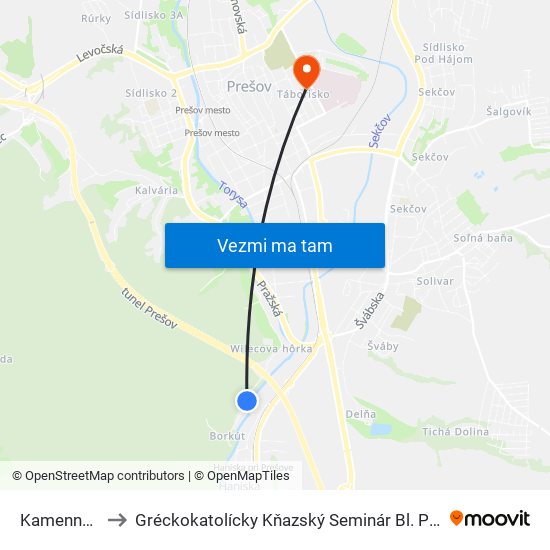 Kamenná Baňa to Gréckokatolícky Kňazský Seminár Bl. Petra Pavla Gojdiča map