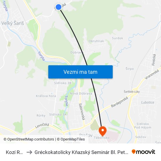 Kozí Rožok to Gréckokatolícky Kňazský Seminár Bl. Petra Pavla Gojdiča map