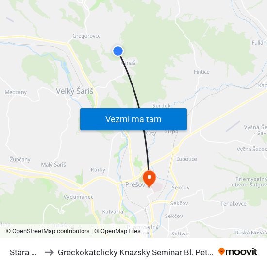 Stará Škola to Gréckokatolícky Kňazský Seminár Bl. Petra Pavla Gojdiča map