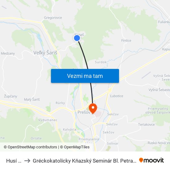 Husí Hrb to Gréckokatolícky Kňazský Seminár Bl. Petra Pavla Gojdiča map