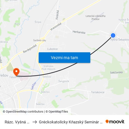 Rázc. Vyšná Šebastová to Gréckokatolícky Kňazský Seminár Bl. Petra Pavla Gojdiča map