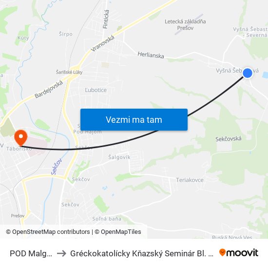 POD Malgovcom to Gréckokatolícky Kňazský Seminár Bl. Petra Pavla Gojdiča map