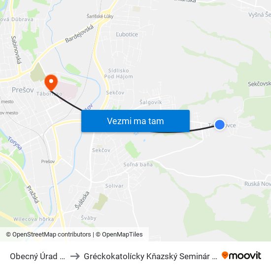 Obecný Úrad Teriakovce to Gréckokatolícky Kňazský Seminár Bl. Petra Pavla Gojdiča map