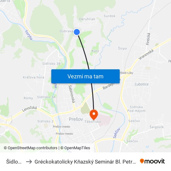 Šidlovská to Gréckokatolícky Kňazský Seminár Bl. Petra Pavla Gojdiča map