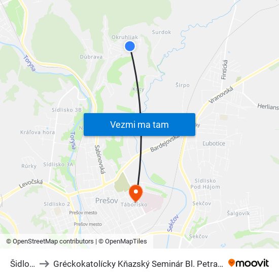 Šidlovec to Gréckokatolícky Kňazský Seminár Bl. Petra Pavla Gojdiča map