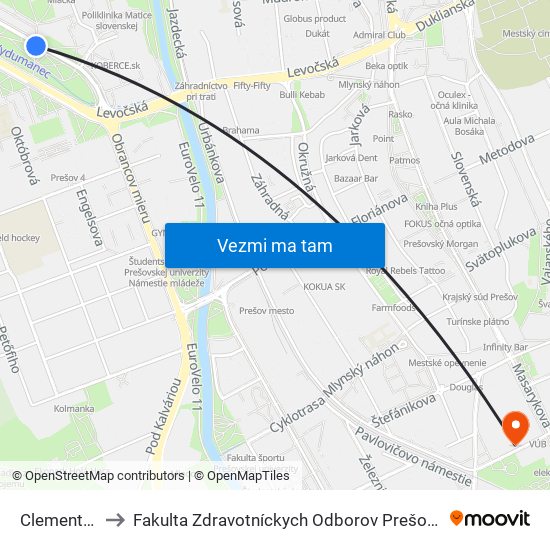 Clementisova to Fakulta Zdravotníckych Odborov Prešovskej Univerzity map