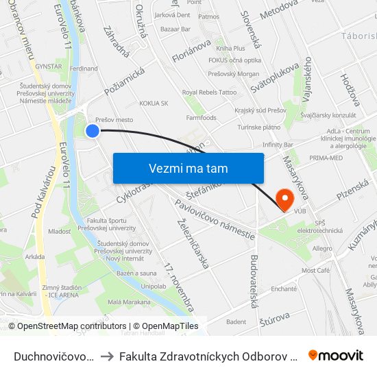 Duchnovičovo Námestie to Fakulta Zdravotníckych Odborov Prešovskej Univerzity map