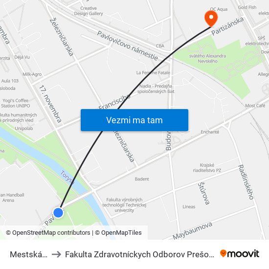 Mestská Hala to Fakulta Zdravotníckych Odborov Prešovskej Univerzity map