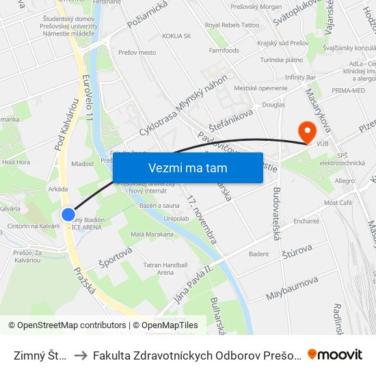 Zimný Štadión to Fakulta Zdravotníckych Odborov Prešovskej Univerzity map