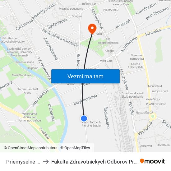 Priemyselné Centrum to Fakulta Zdravotníckych Odborov Prešovskej Univerzity map