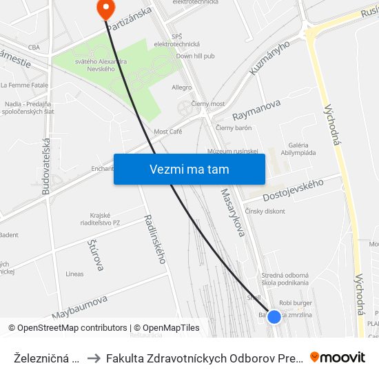 Železničná Stanica to Fakulta Zdravotníckych Odborov Prešovskej Univerzity map