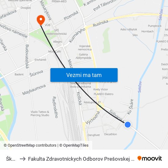 Škára to Fakulta Zdravotníckych Odborov Prešovskej Univerzity map