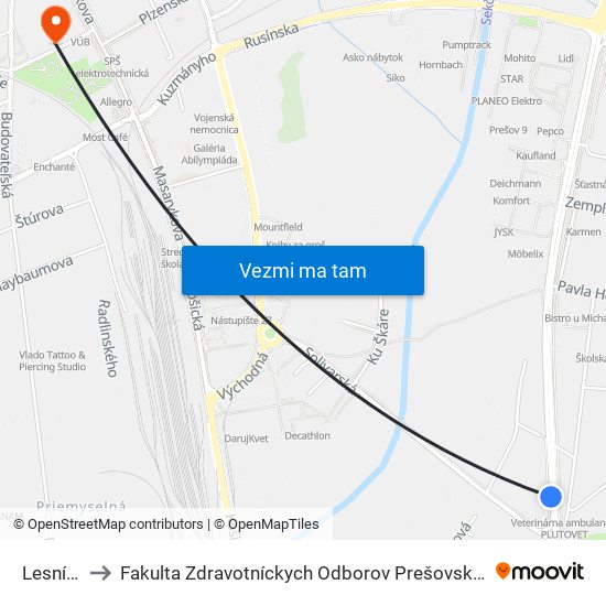 Lesnícka to Fakulta Zdravotníckych Odborov Prešovskej Univerzity map