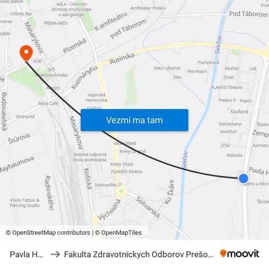 Pavla Hovora to Fakulta Zdravotníckych Odborov Prešovskej Univerzity map