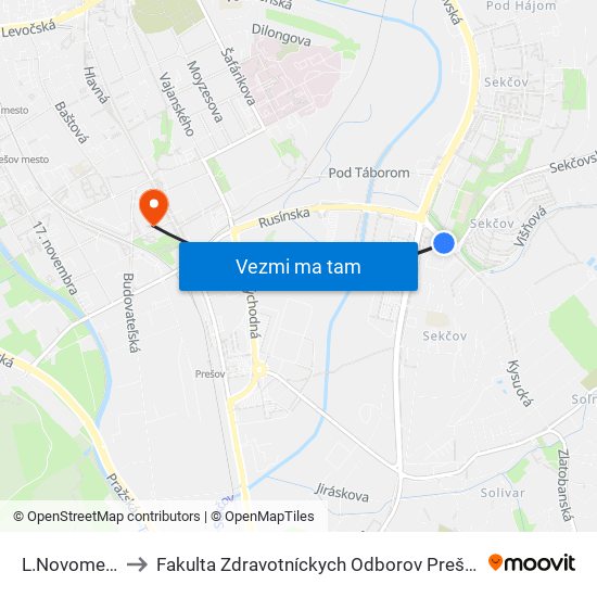 L.Novomeského to Fakulta Zdravotníckych Odborov Prešovskej Univerzity map