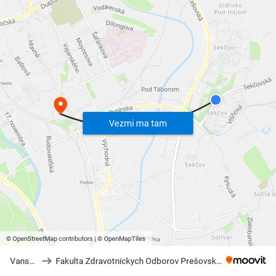 Vansovej to Fakulta Zdravotníckych Odborov Prešovskej Univerzity map