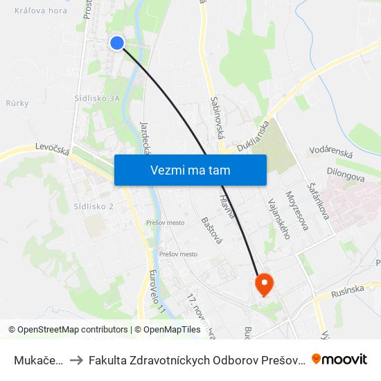 Mukačevská to Fakulta Zdravotníckych Odborov Prešovskej Univerzity map