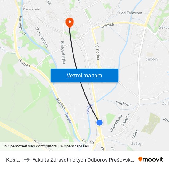 Košická to Fakulta Zdravotníckych Odborov Prešovskej Univerzity map