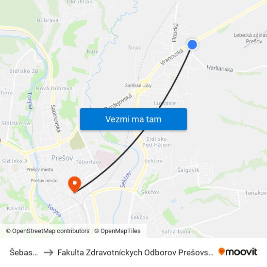 Šebastová to Fakulta Zdravotníckych Odborov Prešovskej Univerzity map