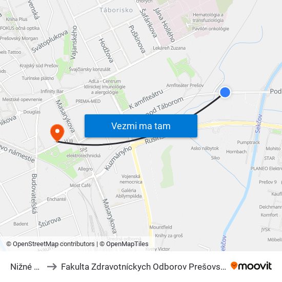 Nižné Lúky to Fakulta Zdravotníckych Odborov Prešovskej Univerzity map