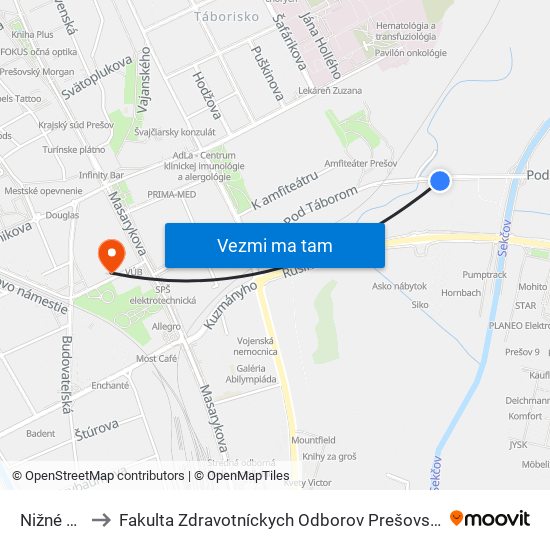 Nižné Lúky to Fakulta Zdravotníckych Odborov Prešovskej Univerzity map