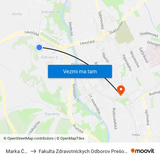 Marka Čulena to Fakulta Zdravotníckych Odborov Prešovskej Univerzity map