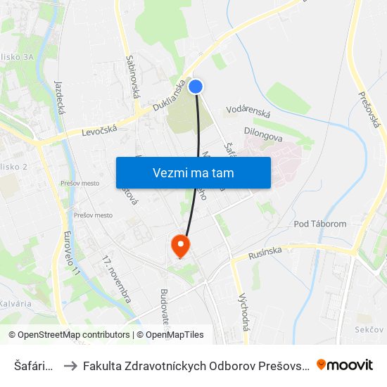Šafárikova to Fakulta Zdravotníckych Odborov Prešovskej Univerzity map
