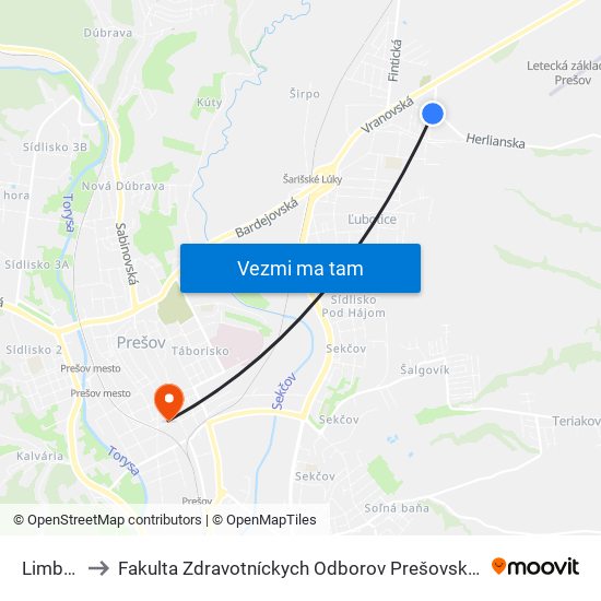 Limbová to Fakulta Zdravotníckych Odborov Prešovskej Univerzity map