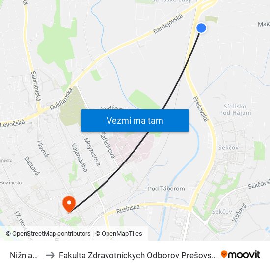 Nižnianska to Fakulta Zdravotníckych Odborov Prešovskej Univerzity map