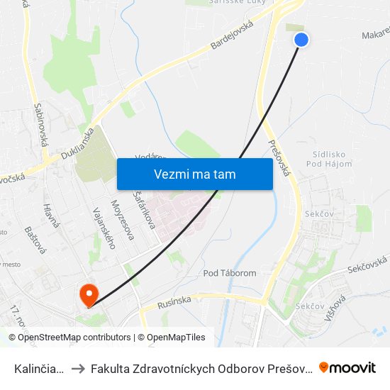 Kalinčiakova to Fakulta Zdravotníckych Odborov Prešovskej Univerzity map