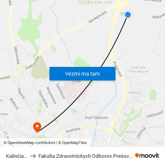 Kalinčiakova to Fakulta Zdravotníckych Odborov Prešovskej Univerzity map