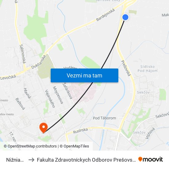 Nižnianska to Fakulta Zdravotníckych Odborov Prešovskej Univerzity map