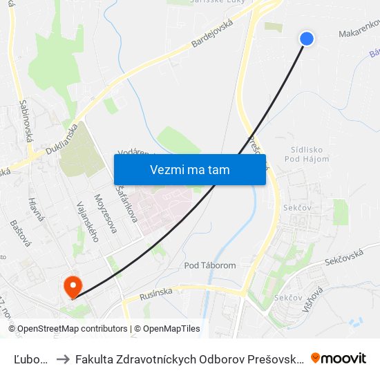 Ľubotice to Fakulta Zdravotníckych Odborov Prešovskej Univerzity map