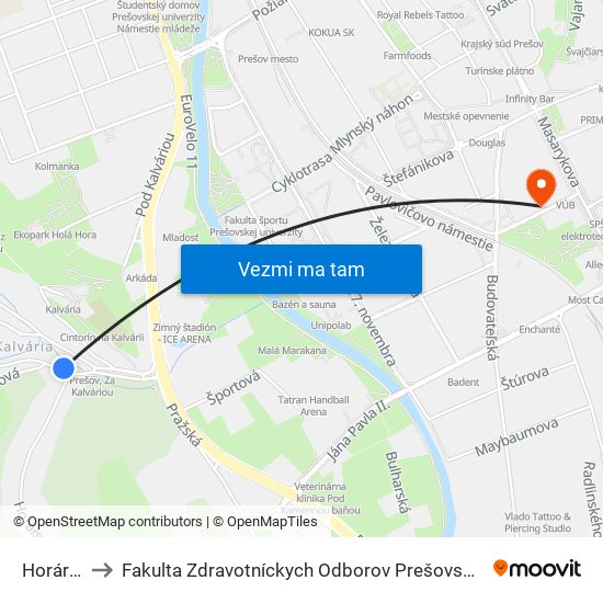 Horárska to Fakulta Zdravotníckych Odborov Prešovskej Univerzity map