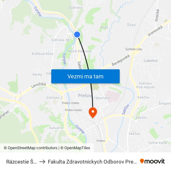 Rázcestie Šidlovec to Fakulta Zdravotníckych Odborov Prešovskej Univerzity map