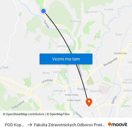 POD Kopaninou to Fakulta Zdravotníckych Odborov Prešovskej Univerzity map