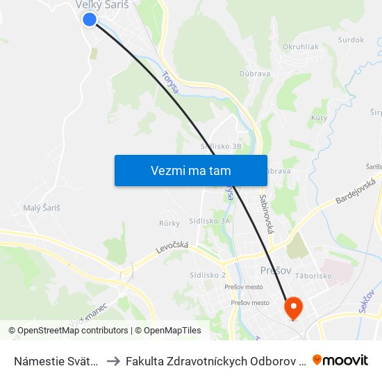 Námestie Svätého Jakuba to Fakulta Zdravotníckych Odborov Prešovskej Univerzity map