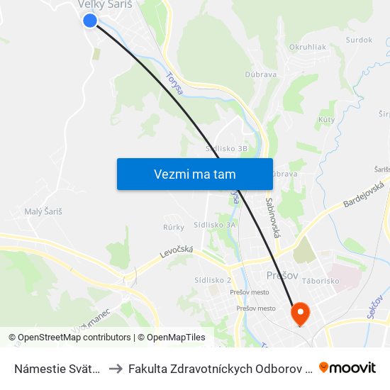 Námestie Svätého Jakuba to Fakulta Zdravotníckych Odborov Prešovskej Univerzity map